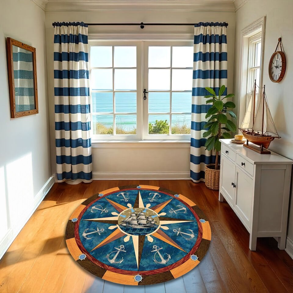 Vintage Nautical Compass Round Rug with Ship and Anchor Design