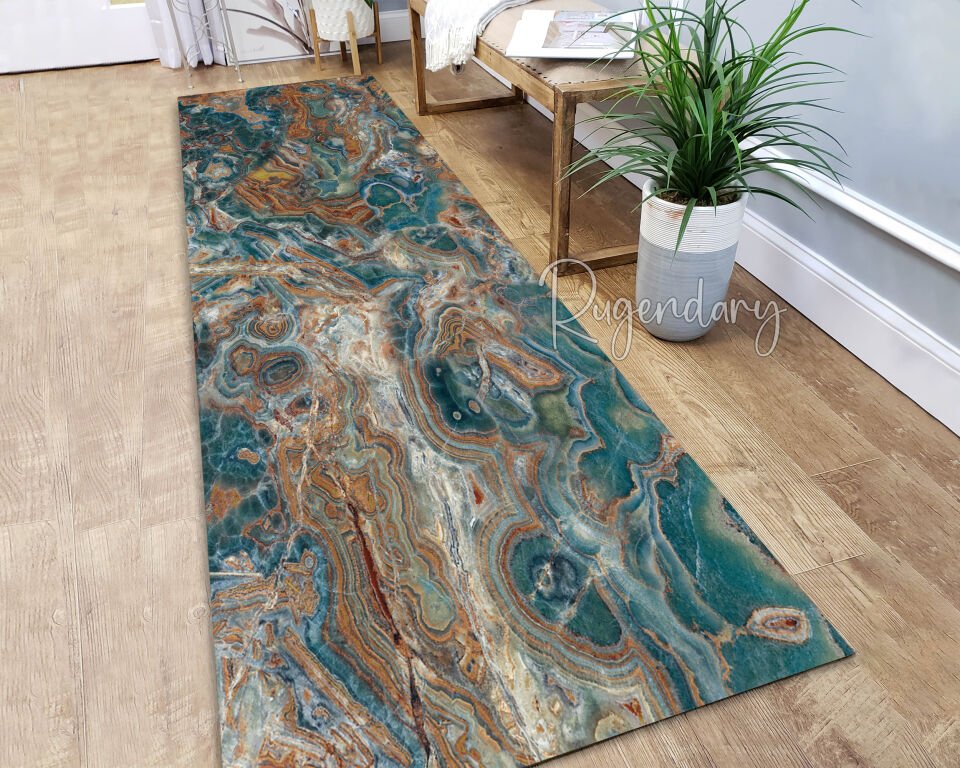 Marble Effect Runner Rug – Teal & Rust Abstract Stone Design