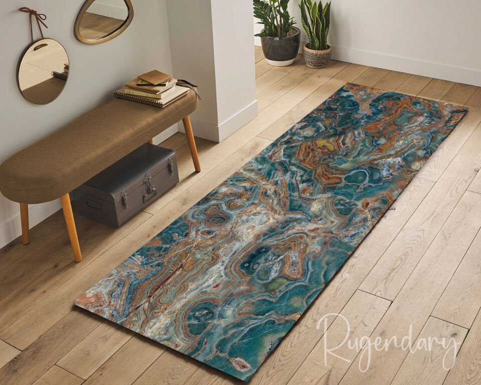 Marble Effect Runner Rug – Teal & Rust Abstract Stone Design
