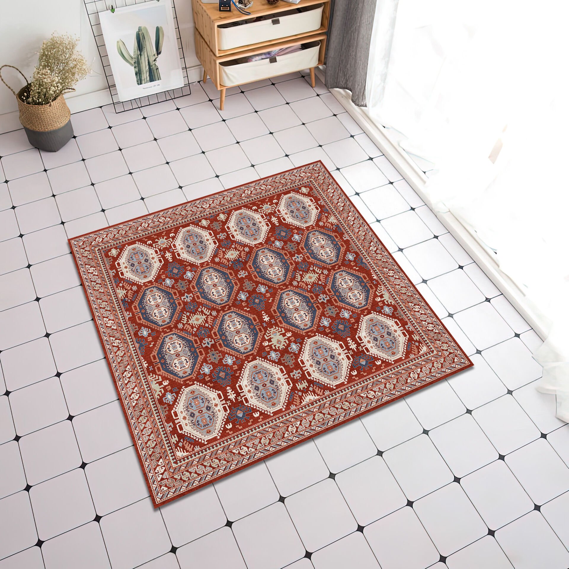 Red Oriental Square Rug Geometric Tribal Pattern Carpet