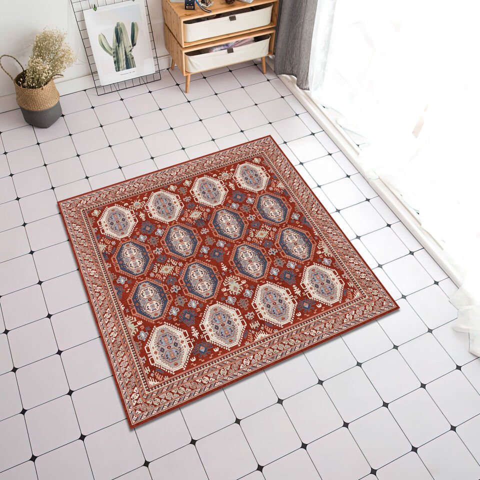 Red Oriental Square Rug Geometric Tribal Pattern Carpet