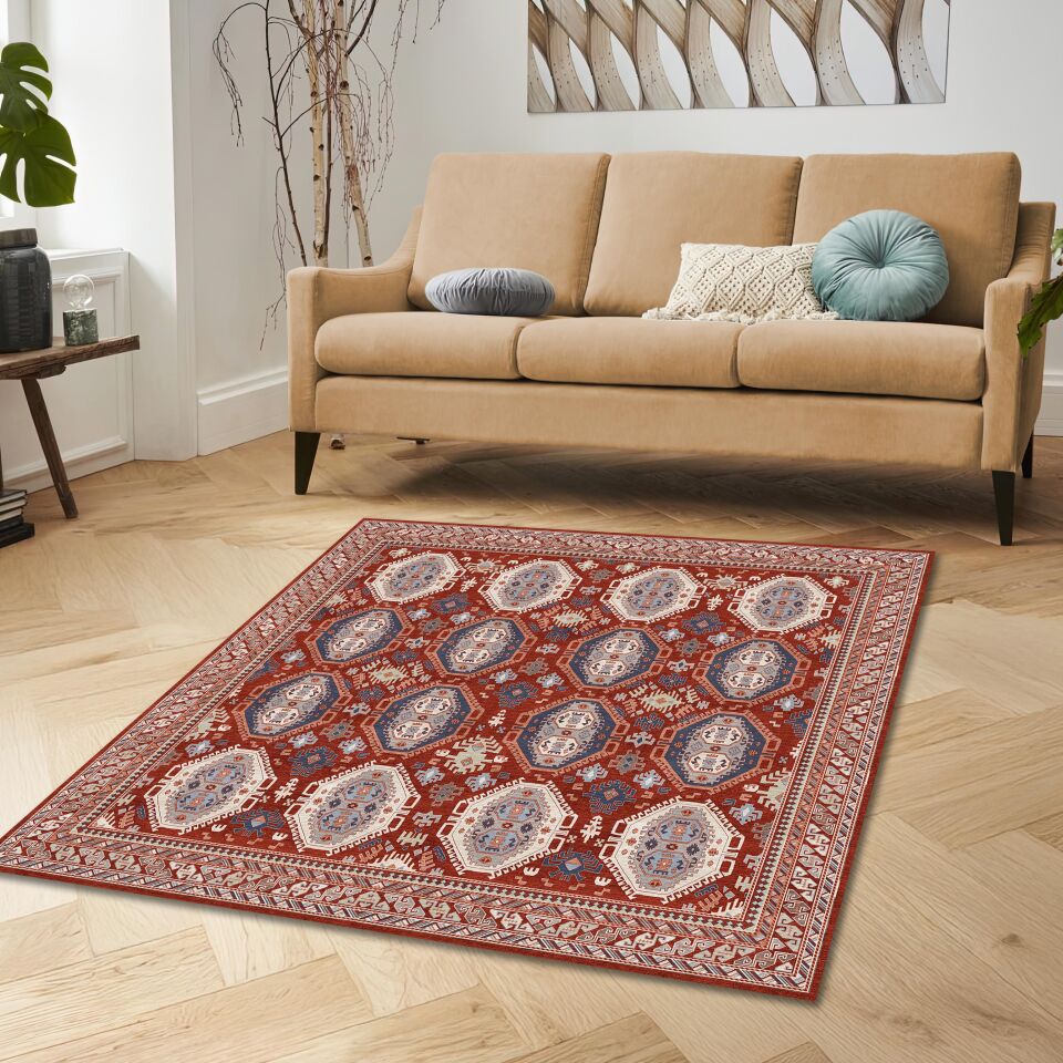 Red Oriental Square Rug Geometric Tribal Pattern Carpet