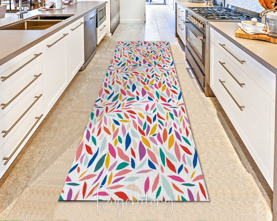 White Botanical Runner Rug – Colorful Leaf Patterned Hallway Carpet
