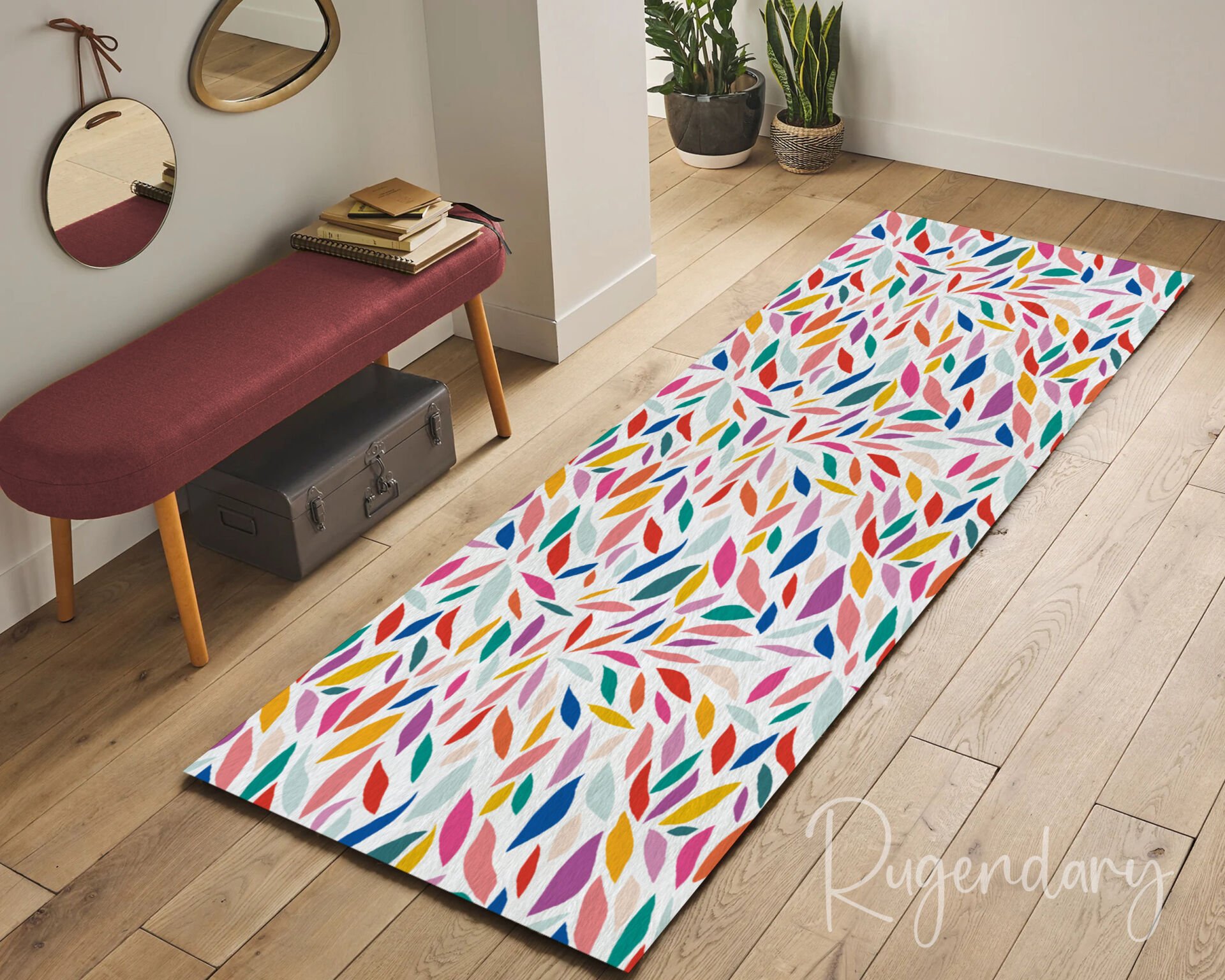 White Botanical Runner Rug – Colorful Leaf Patterned Hallway Carpet