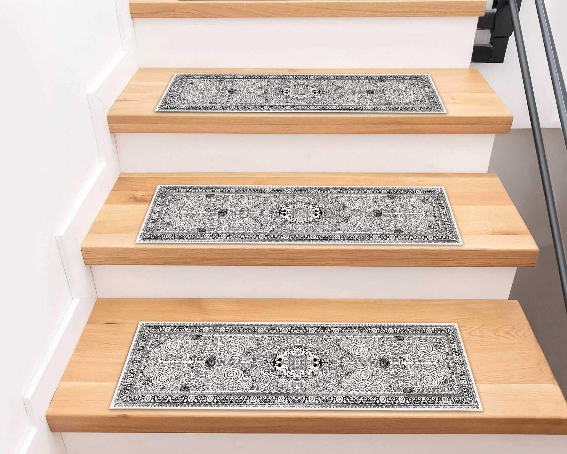 Elegant Black & White Oriental Stair Treads –Non-Slip Carpet Set