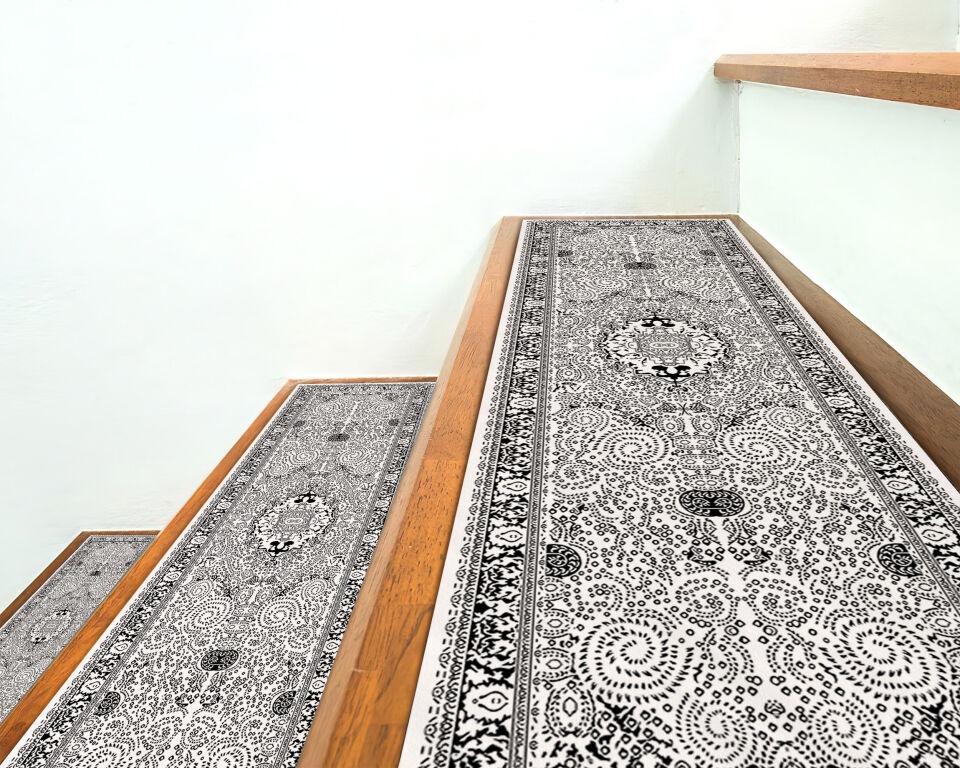 Elegant Black & White Oriental Stair Treads –Non-Slip Carpet Set