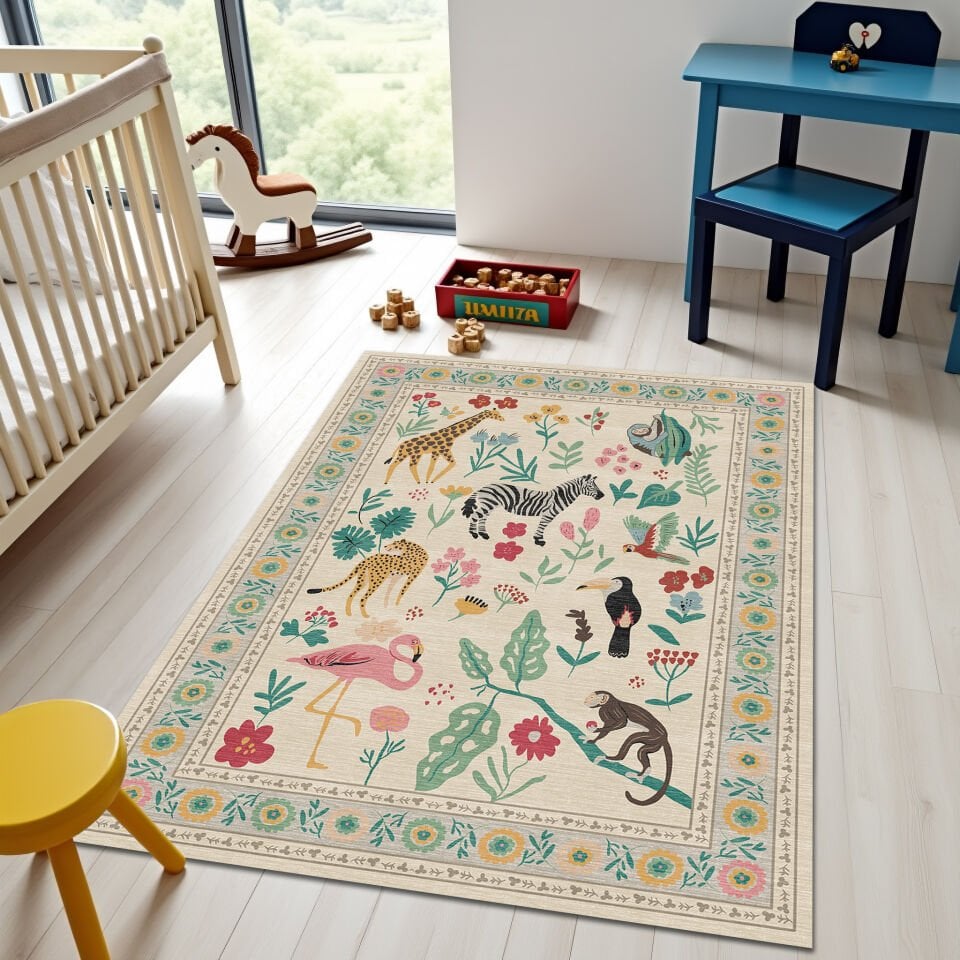 Beige Animal Botanical Rug Colorful Nature Pattern Decorative Carpet