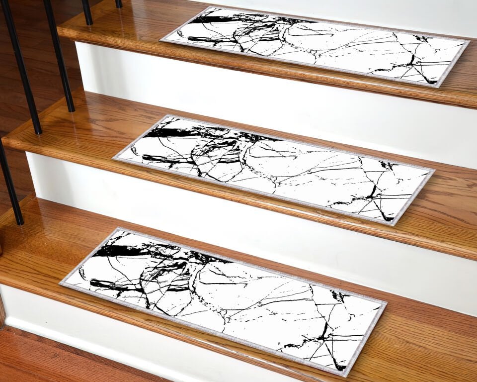 Modern Black & White Marble Stair Tread Rug – Abstract Minimalist Design