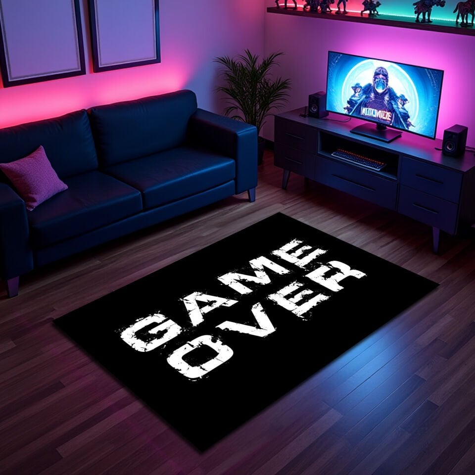 Bold ''GAME OVER'' Black & White Gamer Rug for Gaming Rooms