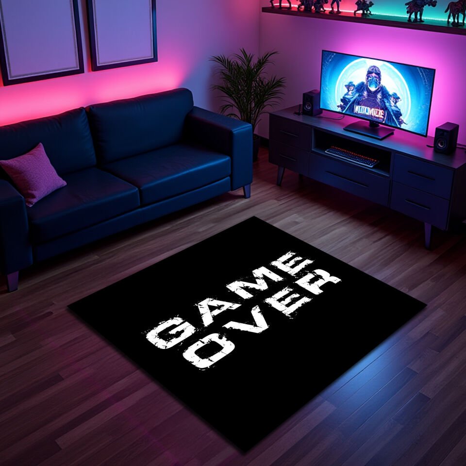 Bold ''GAME OVER'' Black & White Gamer Rug for Gaming Rooms