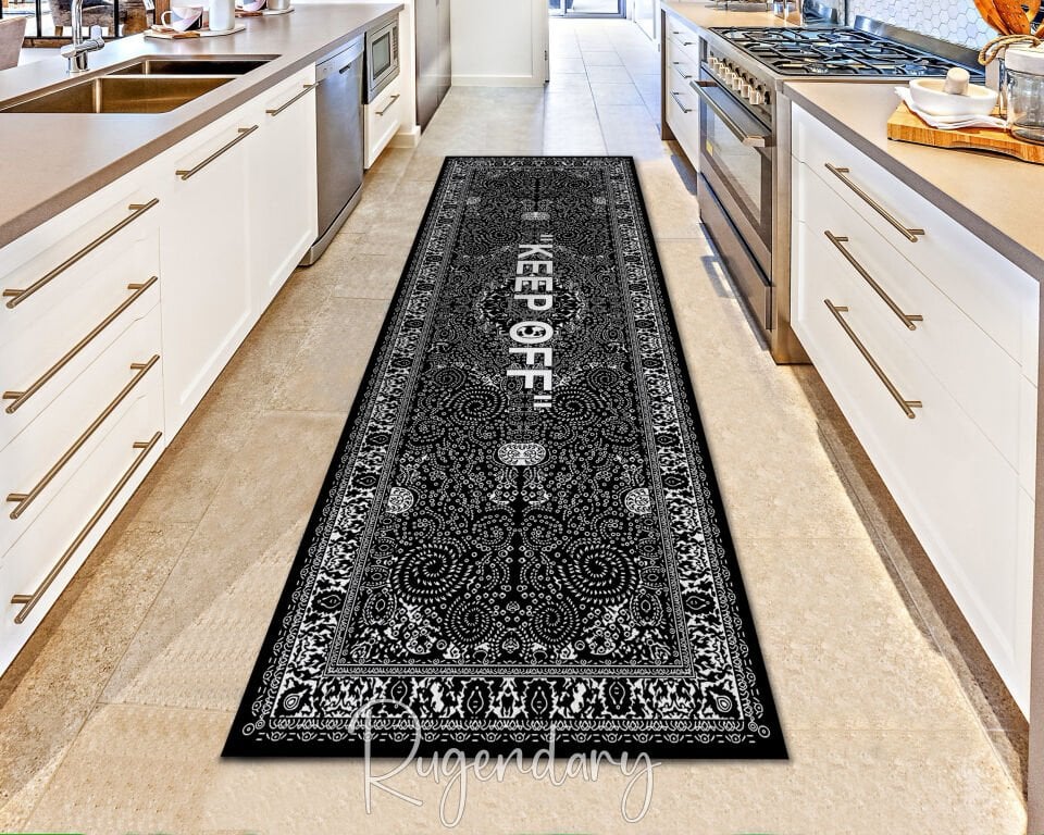 Modern Black & White Runner Rug with “KEEP OFF” Quote – Stylish Hallway Carpet