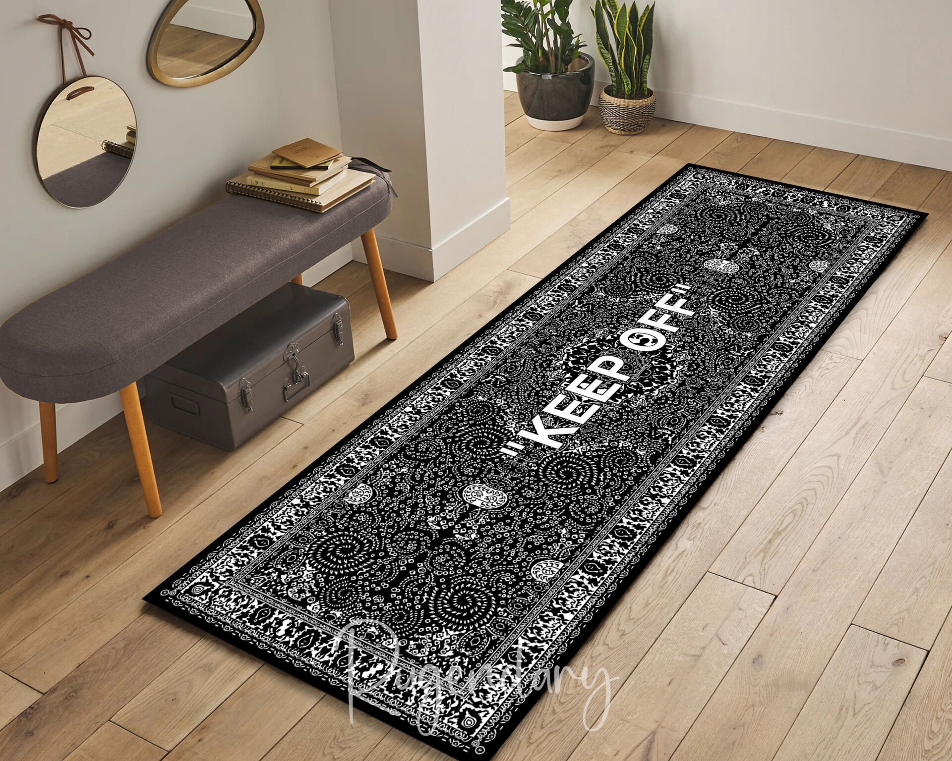 Modern Black & White Runner Rug with “KEEP OFF” Quote – Stylish Hallway Carpet