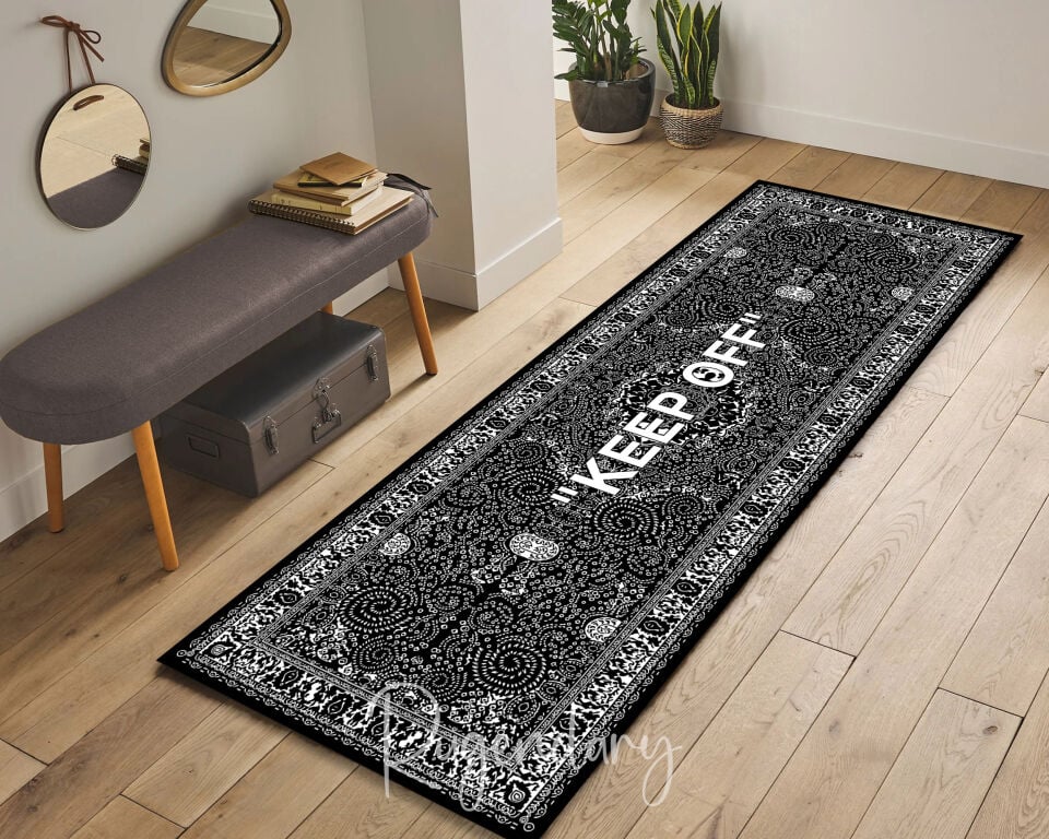 Modern Black & White Runner Rug with “KEEP OFF” Quote – Stylish Hallway Carpet