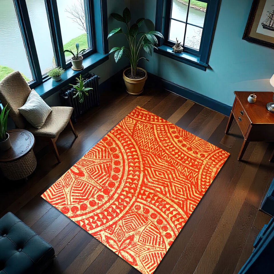 Tribal Pattern Rug – Bold Orange & Beige Geometric Area Carpet