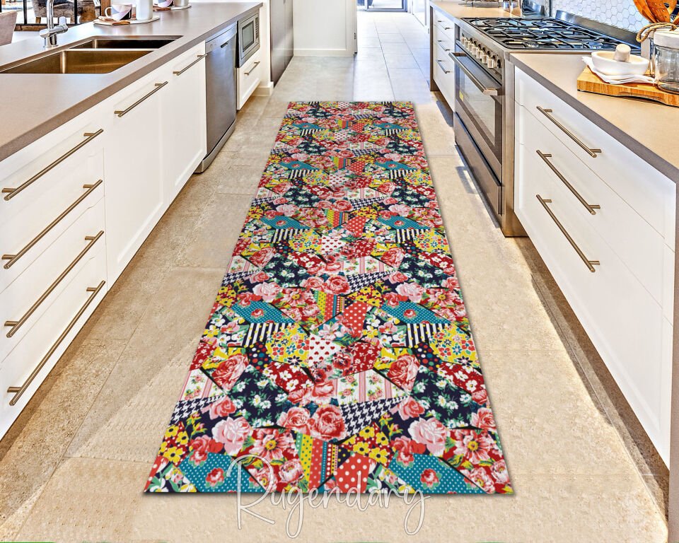Colorful Patchwork Floral Runner Rug – Boho Hallway & Kitchen Carpet