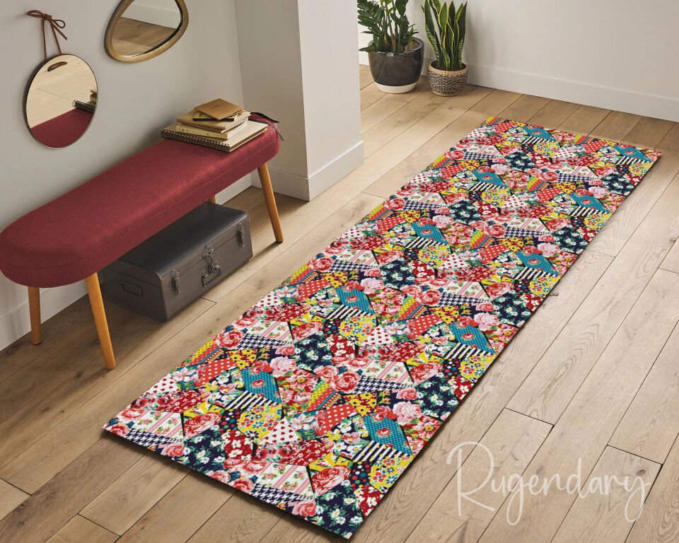 Colorful Patchwork Floral Runner Rug – Boho Hallway & Kitchen Carpet