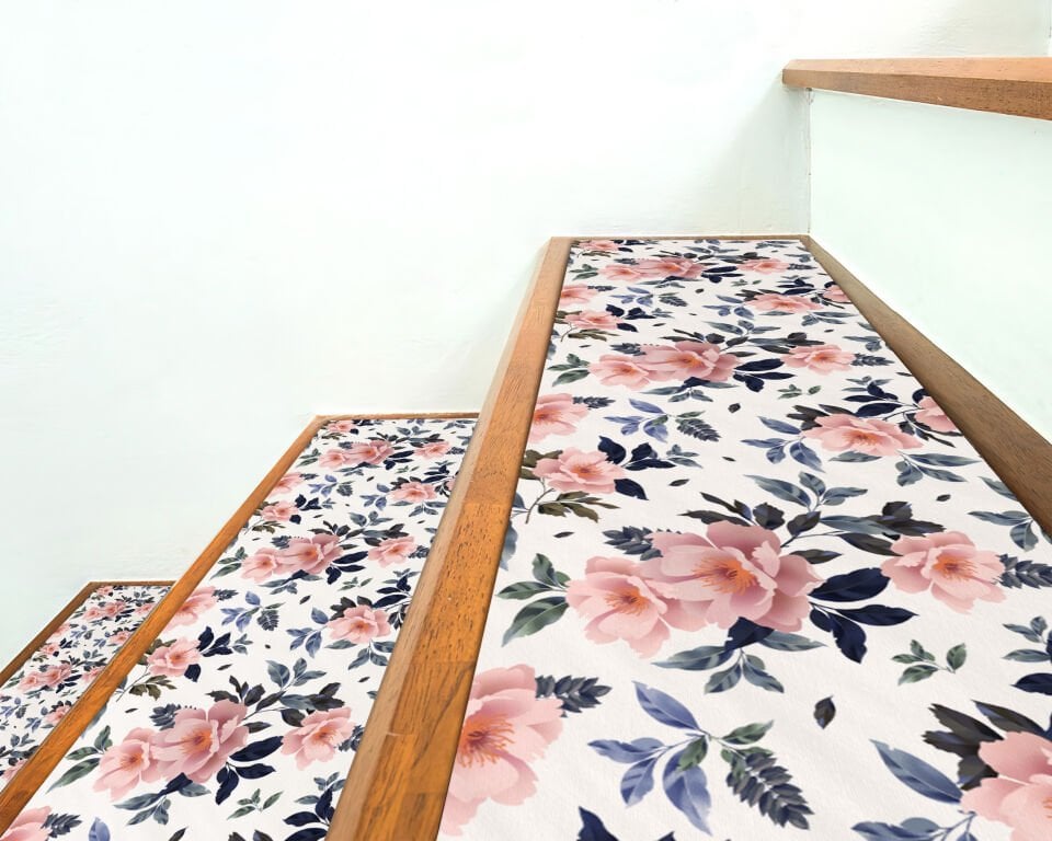 Soft Pink Floral Stair Treads – Elegant Rose Pattern for Stairs