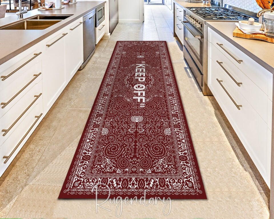 Red Runner Rug with ''KEEP OFF'' Quote – Modern Kitchen & Hallway Carpet