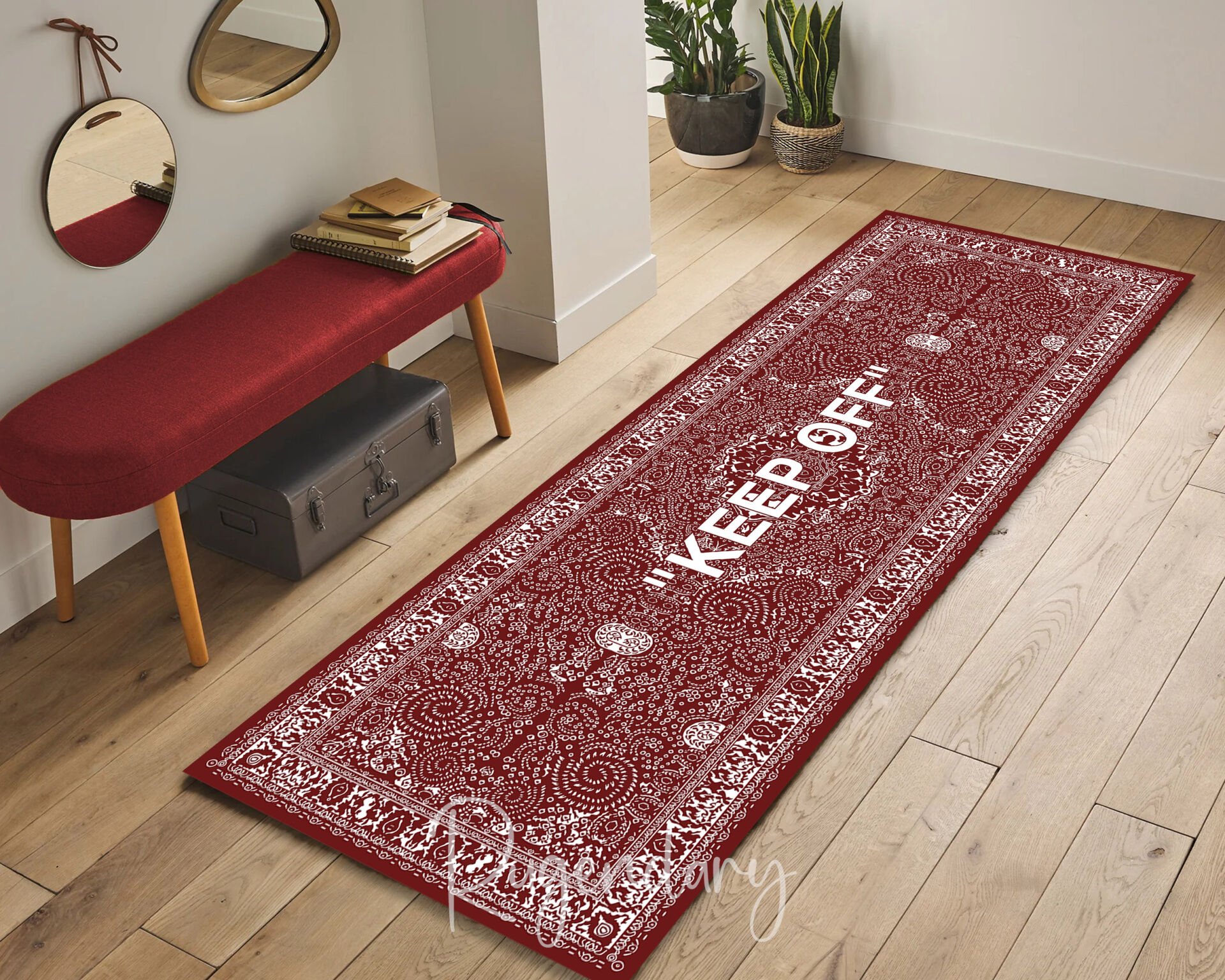 Red Runner Rug with ''KEEP OFF'' Quote – Modern Kitchen & Hallway Carpet