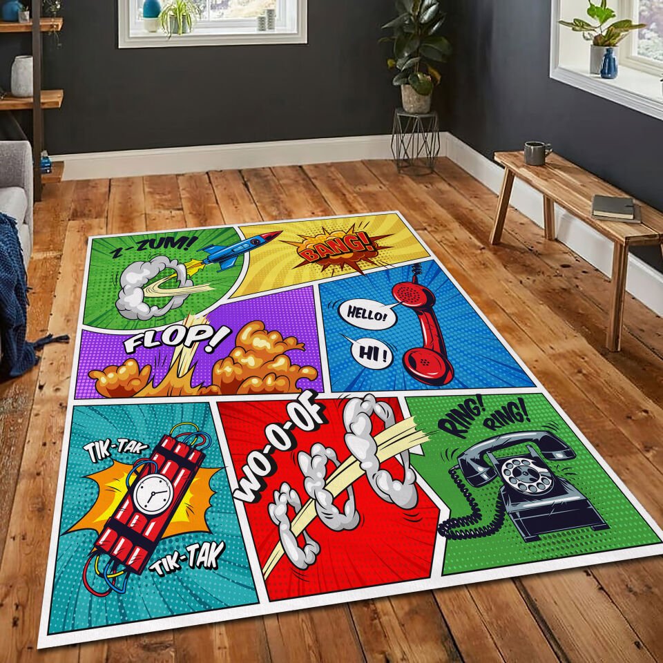 Comic Pop Art Rug Colorful Cartoon Carpet Retro Graphic Floor Mat Funky Bold Room Decor