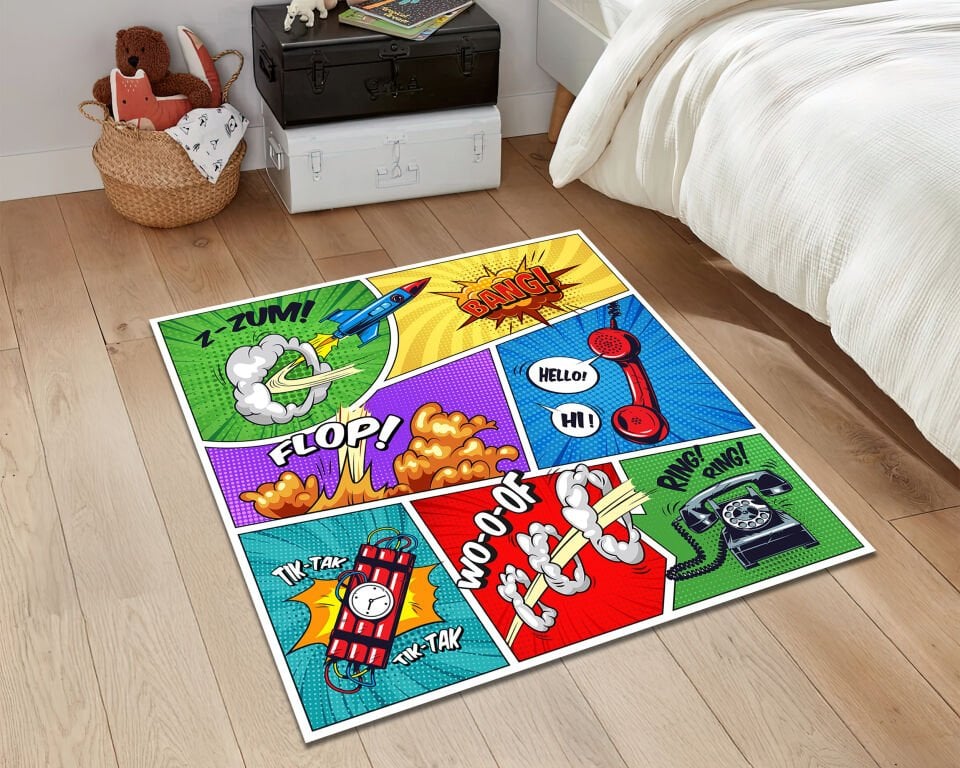 Comic Pop Art Rug Colorful Cartoon Carpet Retro Graphic Floor Mat Funky Bold Room Decor