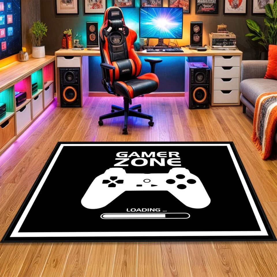 Gamer Zone Loading Game Room Rug – Black and White Controller Design Carpet for Ultimate Gaming Setup