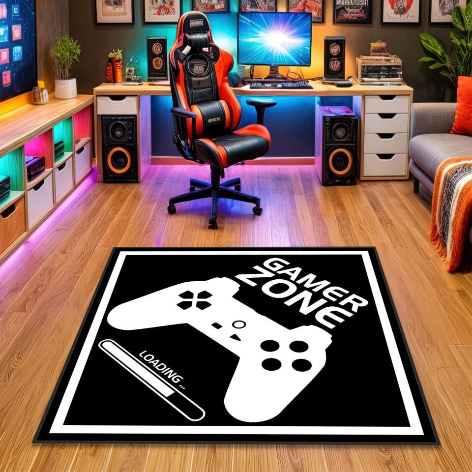 Gamer Zone Loading Game Room Rug – Black and White Controller Design Carpet for Ultimate Gaming Setup