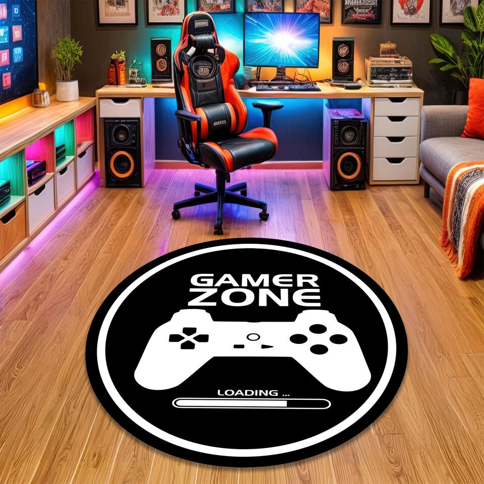 Gamer Zone Loading Game Room Rug – Black and White Controller Design Carpet for Ultimate Gaming Setup