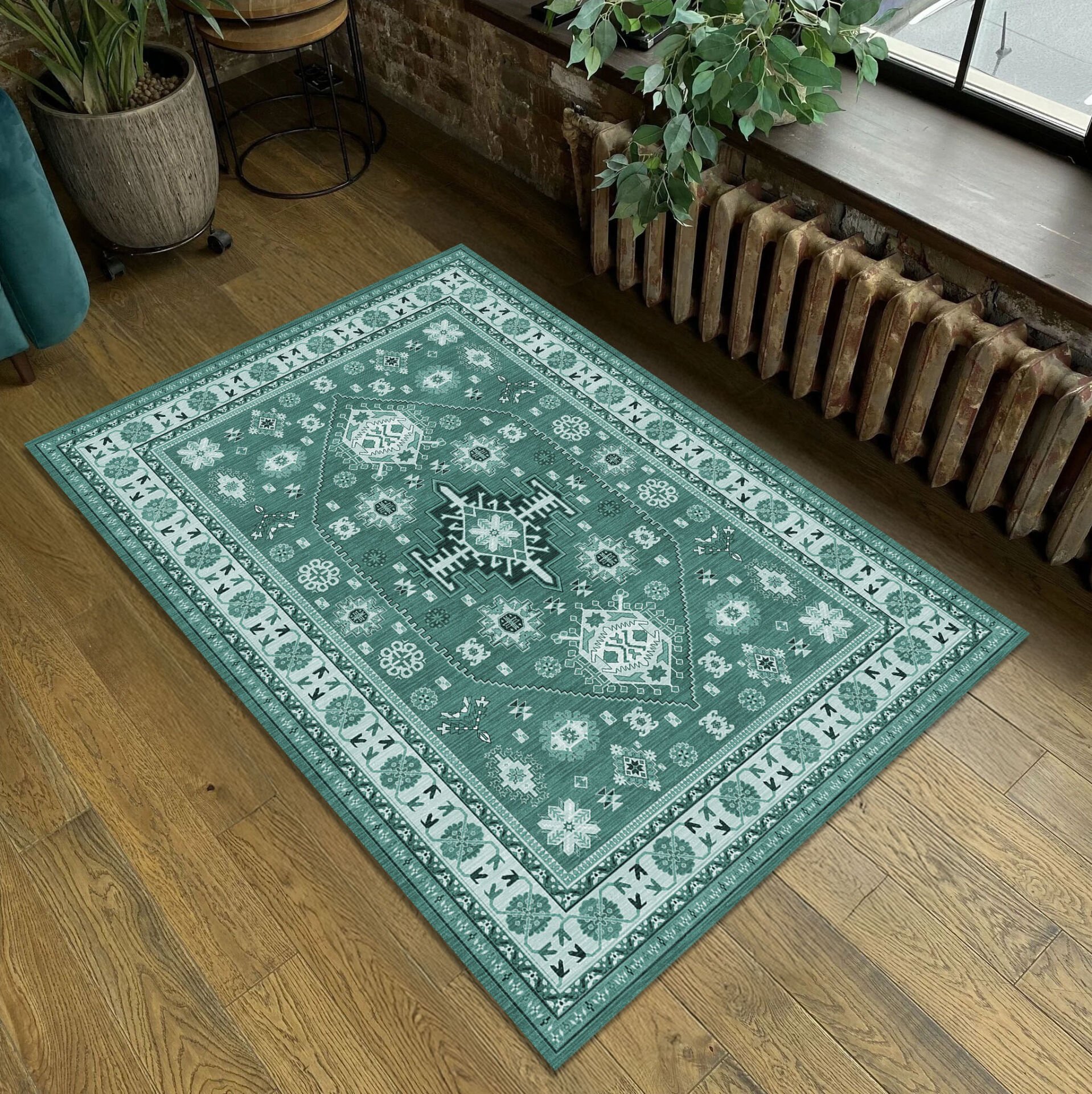 Geometric Tribal Rug Green Ethnic Pattern Carpet for Living Room