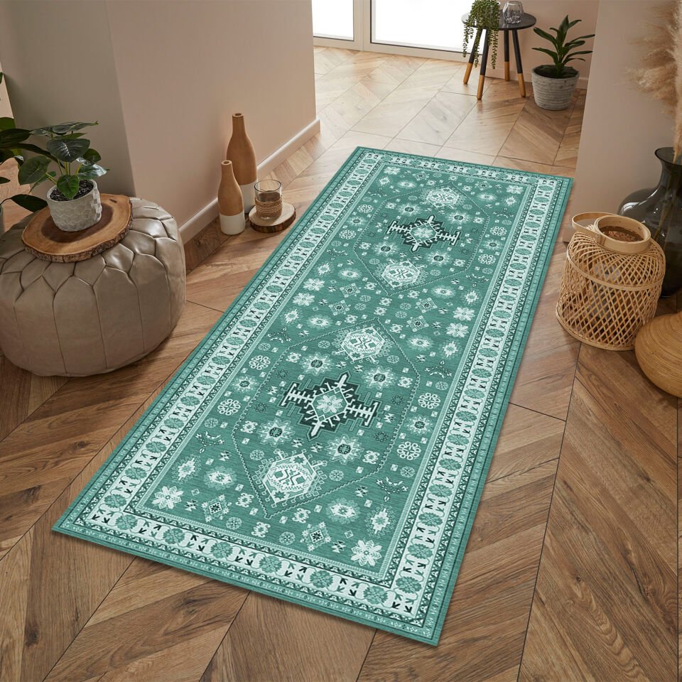Geometric Tribal Rug Green Ethnic Pattern Carpet for Living Room