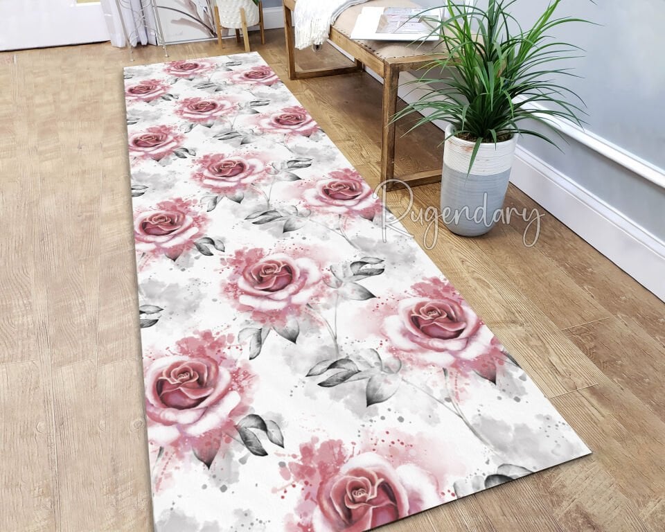 Elegant Rose Runner Rug – Romantic Pink & Gray Floral Hallway Carpet