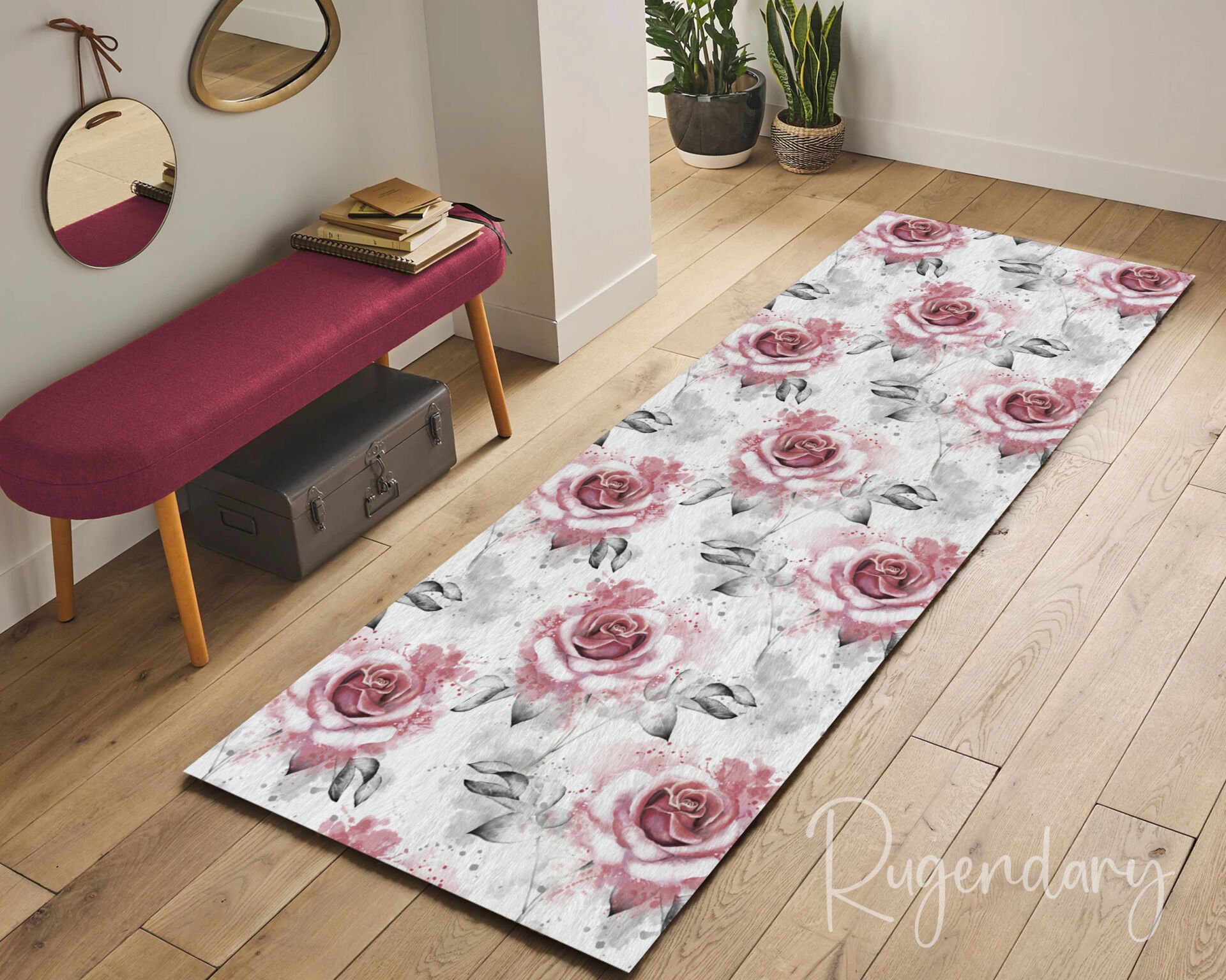 Elegant Rose Runner Rug – Romantic Pink & Gray Floral Hallway Carpet