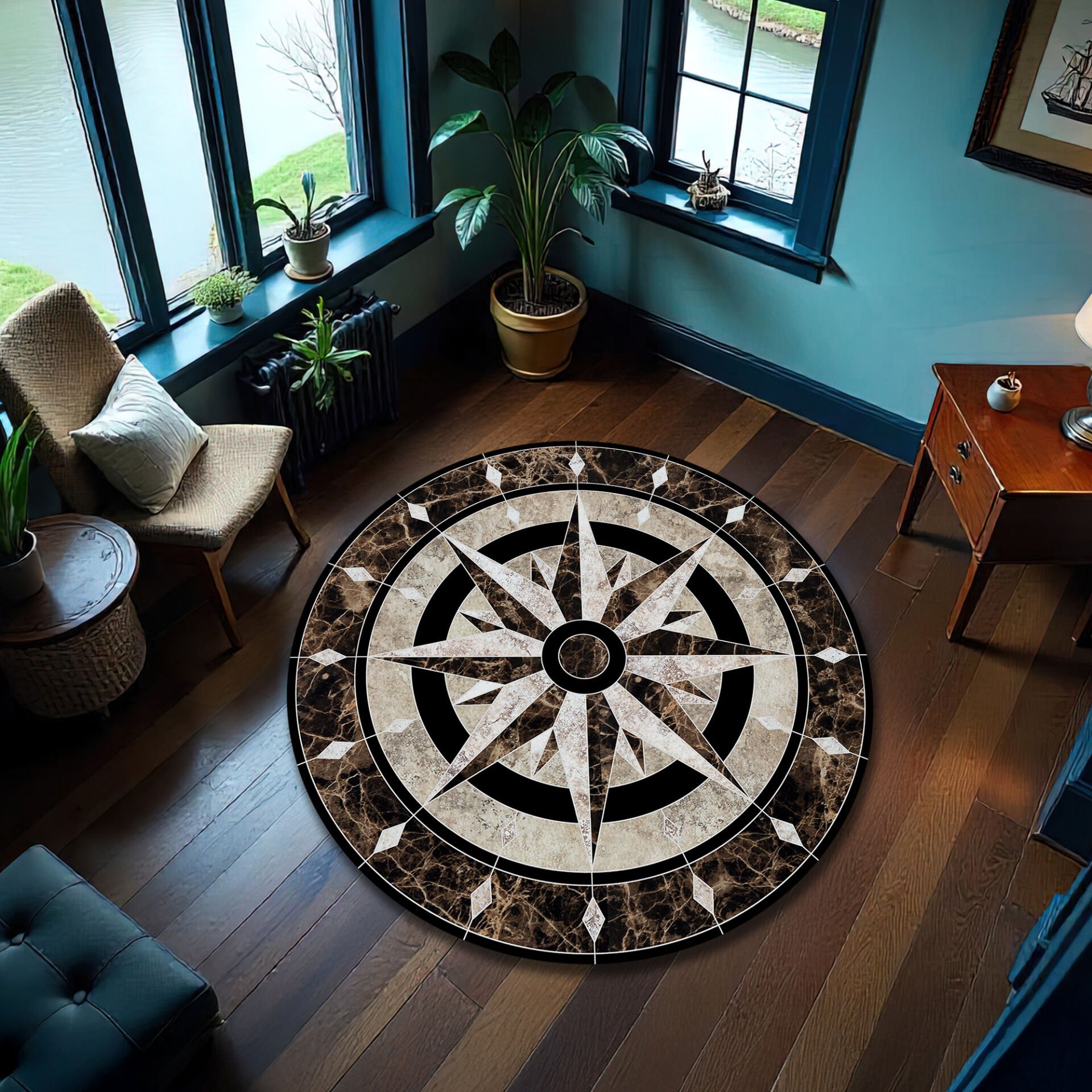 Luxury Marble Compass Round Rug – Elegant Black & Beige Nautical Design