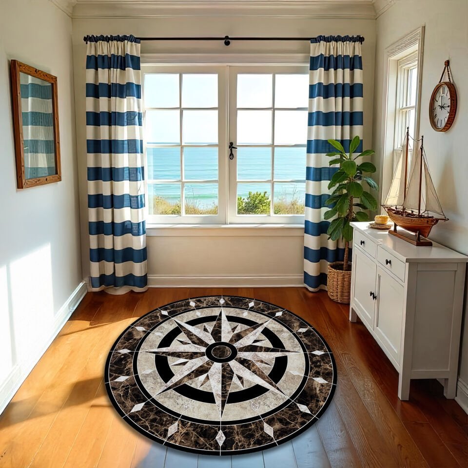 Luxury Marble Compass Round Rug – Elegant Black & Beige Nautical Design