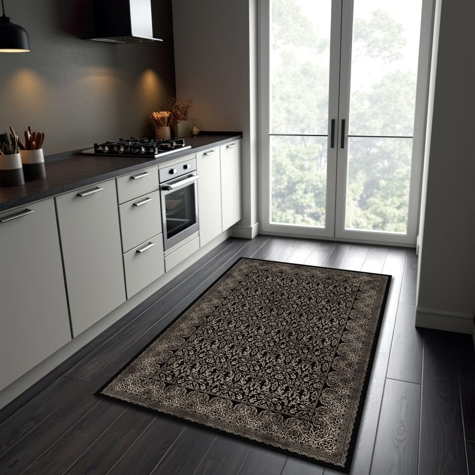 Elegant Black Beige Rug for Modern Kitchen and Living Spaces