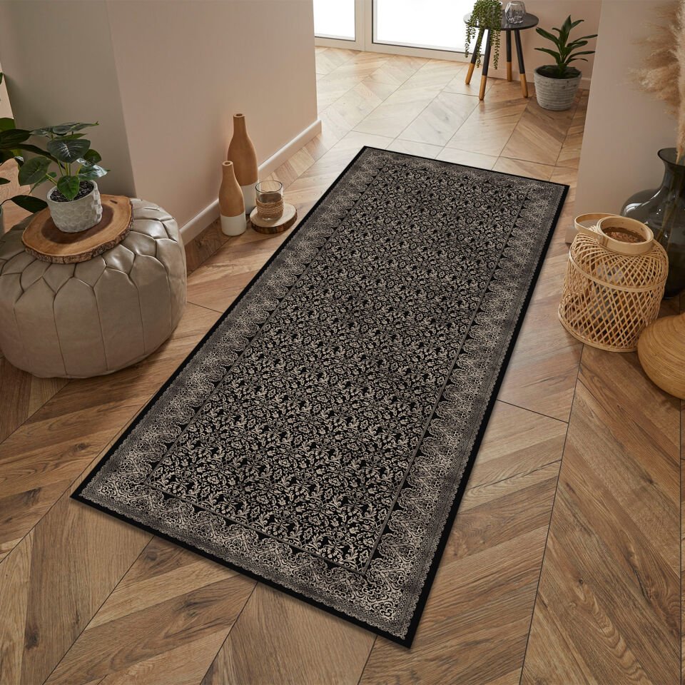 Elegant Black Beige Rug for Modern Kitchen and Living Spaces