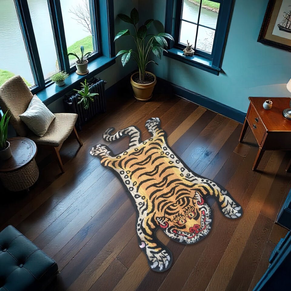 Tiger Shaped Rug, Cartoon Tibetan Tiger Carpet, Soft Animal Floor Mat, Bold Boho Decor, Wild Animal Print Rug, Unique Jungle Style Accent