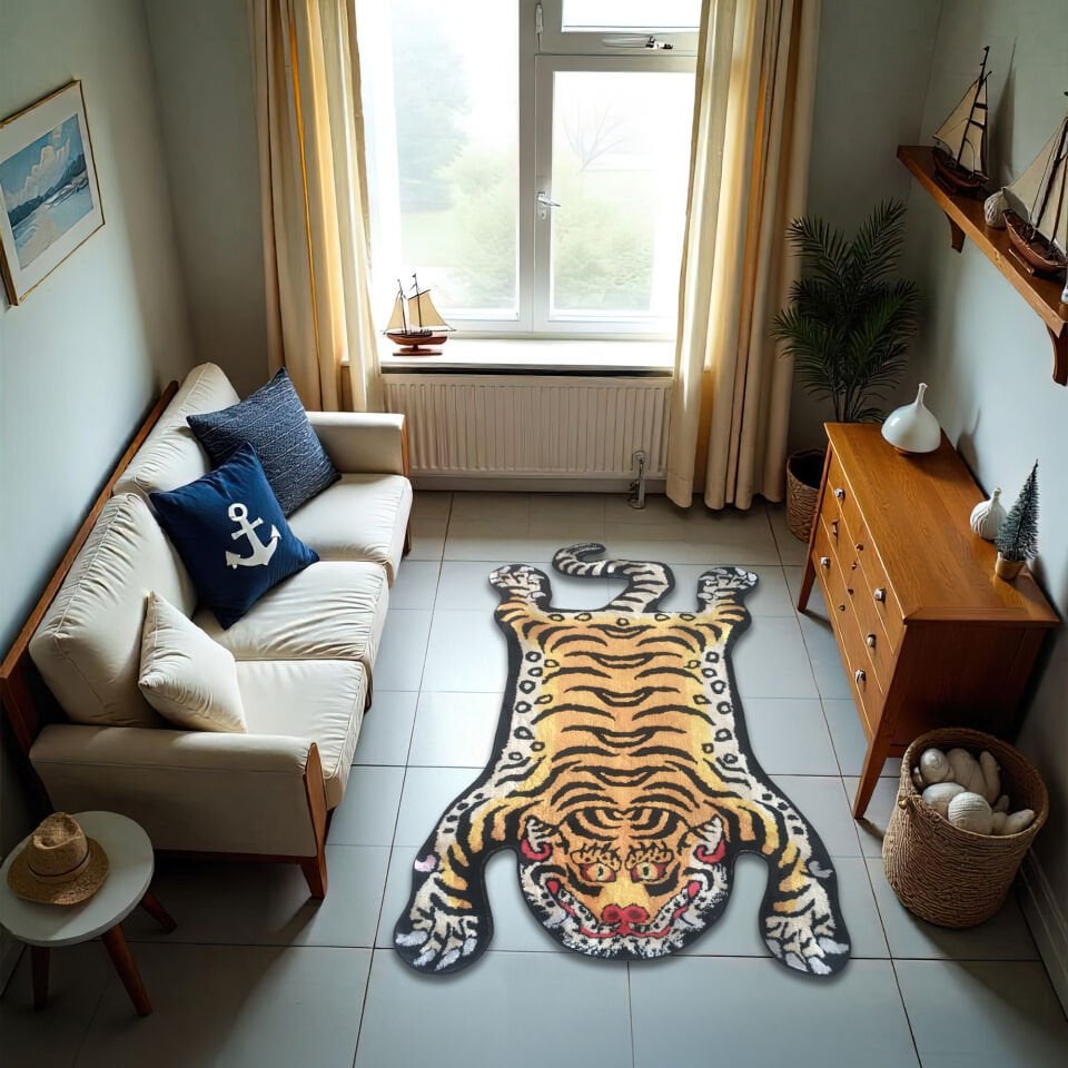 Tiger Shaped Rug, Cartoon Tibetan Tiger Carpet, Soft Animal Floor Mat, Bold Boho Decor, Wild Animal Print Rug, Unique Jungle Style Accent