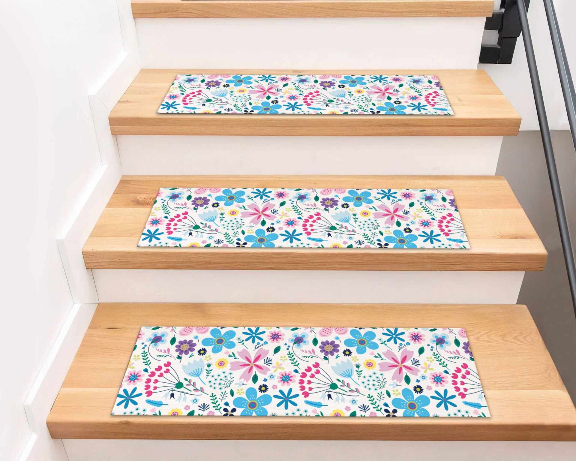 Colorful Floral Garden Stair Treads – Bright Pink, Blue & Yellow Flowers