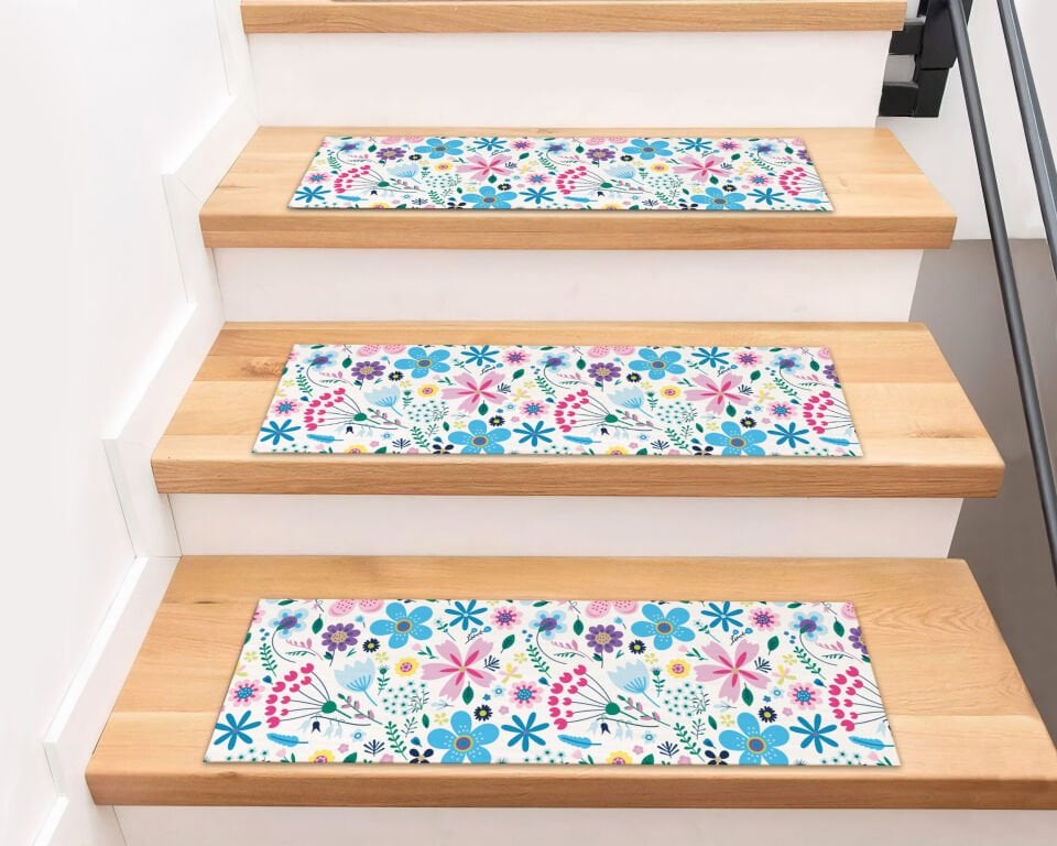 Colorful Floral Garden Stair Treads – Bright Pink, Blue & Yellow Flowers