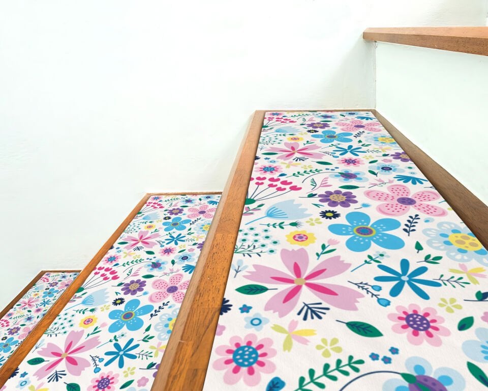 Colorful Floral Garden Stair Treads – Bright Pink, Blue & Yellow Flowers