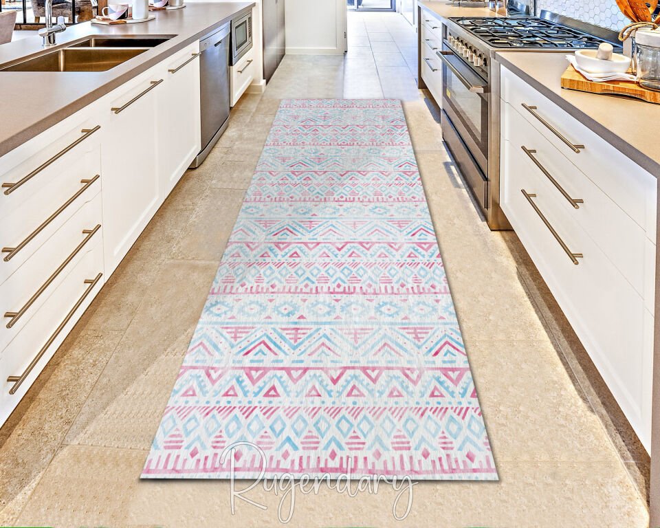 Pastel Tribal Pattern Runner Rug – Soft Blue & Pink Boho Style Hallway Carpet