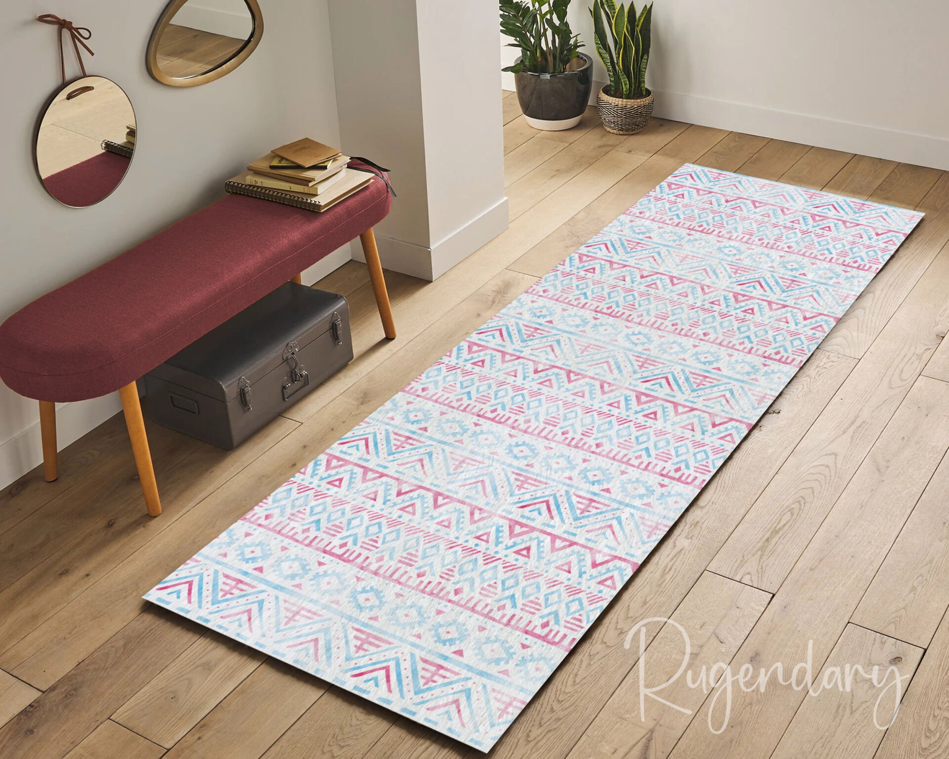 Pastel Tribal Pattern Runner Rug – Soft Blue & Pink Boho Style Hallway Carpet