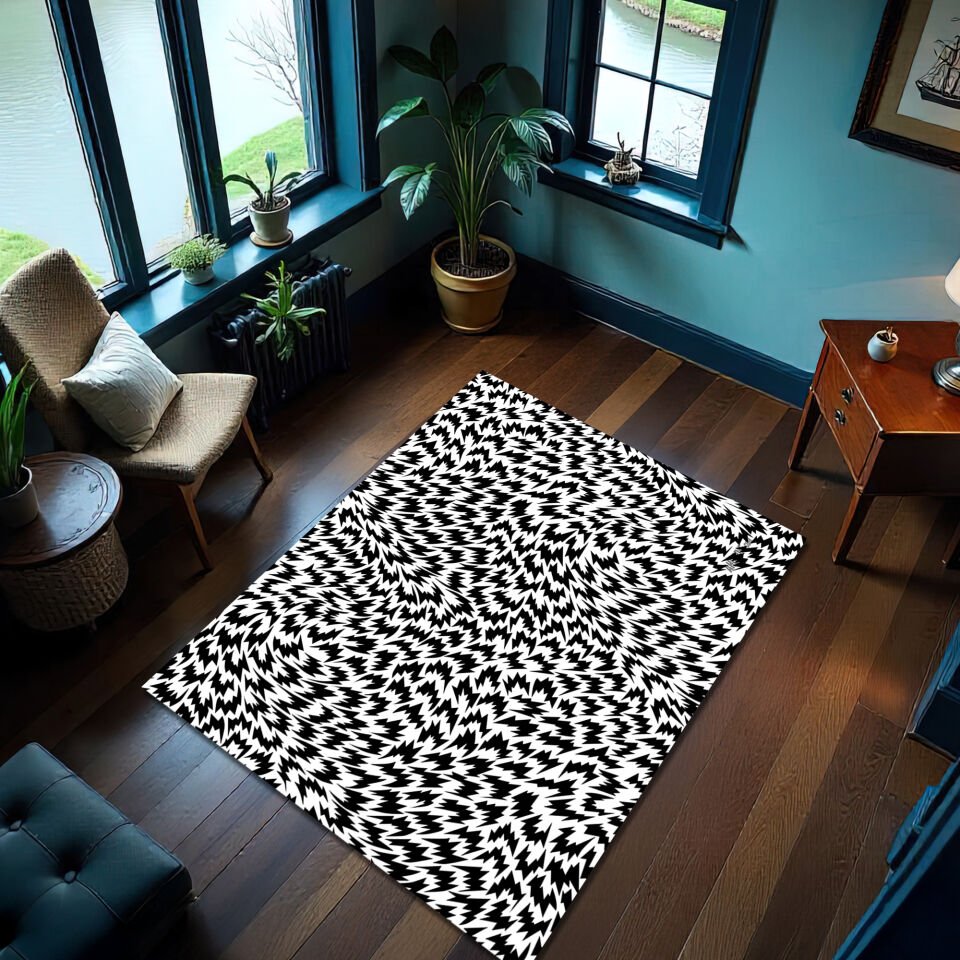 Hypnotic Optical Illusion Rug – Black and White Abstract Pattern Carpet