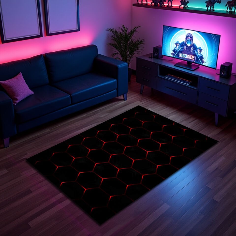 Futuristic Black & Red Hexagon Pattern Rug – Modern Geometric Floor Carpet