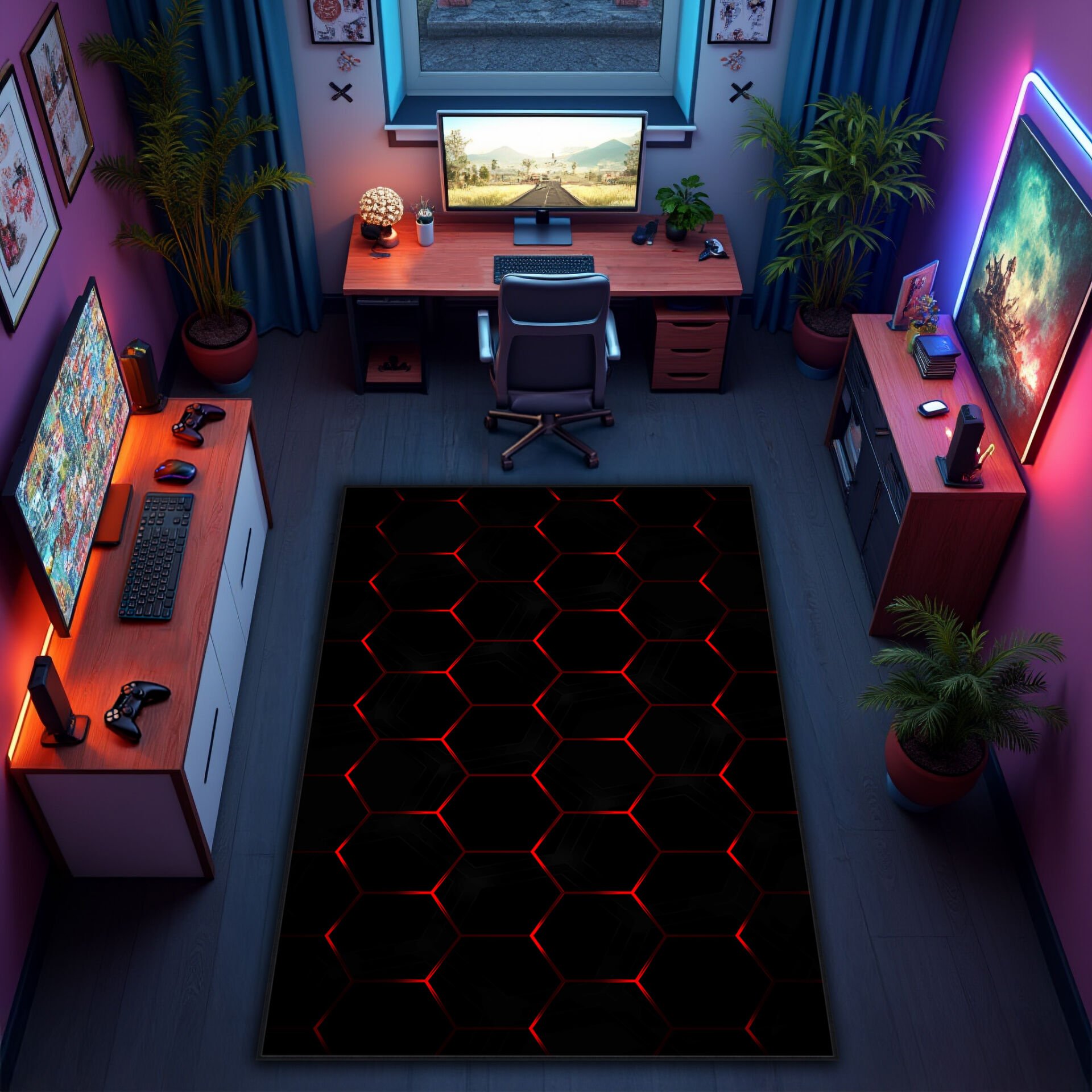Futuristic Black & Red Hexagon Pattern Rug – Modern Geometric Floor Carpet