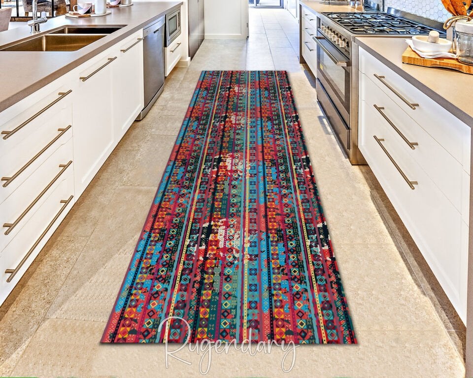 Colorful Tribal Stripe Runner Rug – Bohemian Long Carpet for Hallway & Kitchen