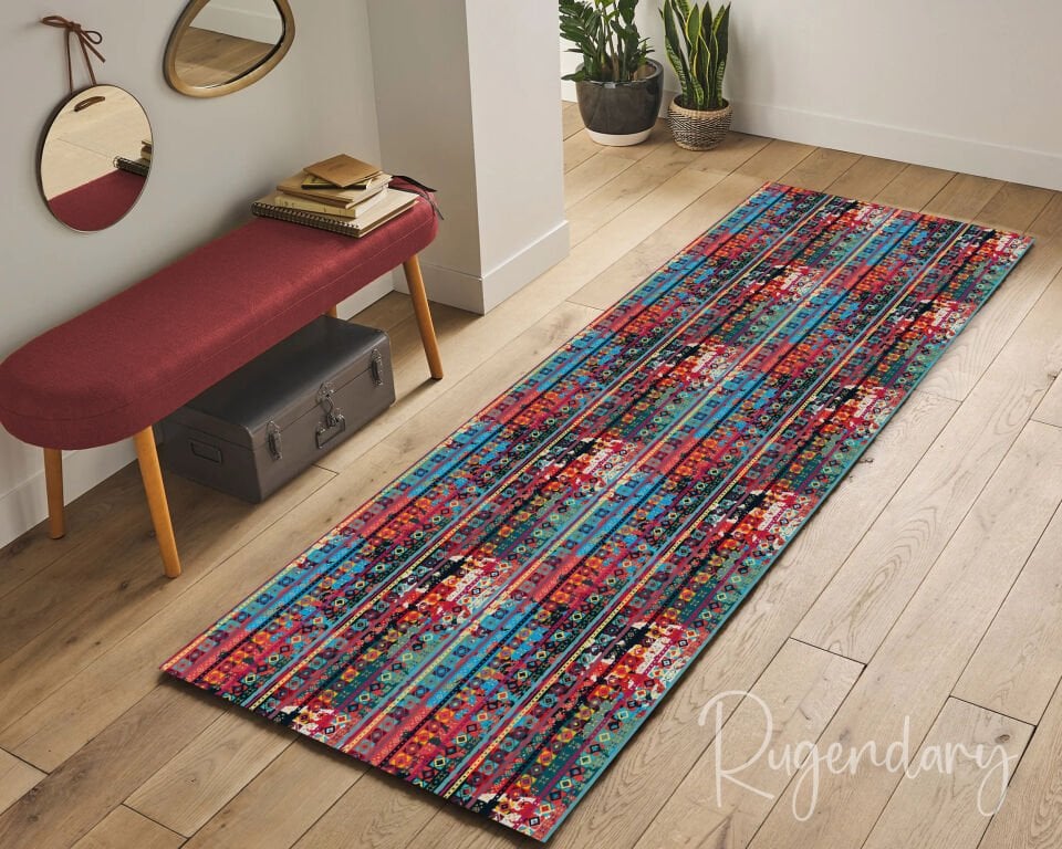 Colorful Tribal Stripe Runner Rug – Bohemian Long Carpet for Hallway & Kitchen