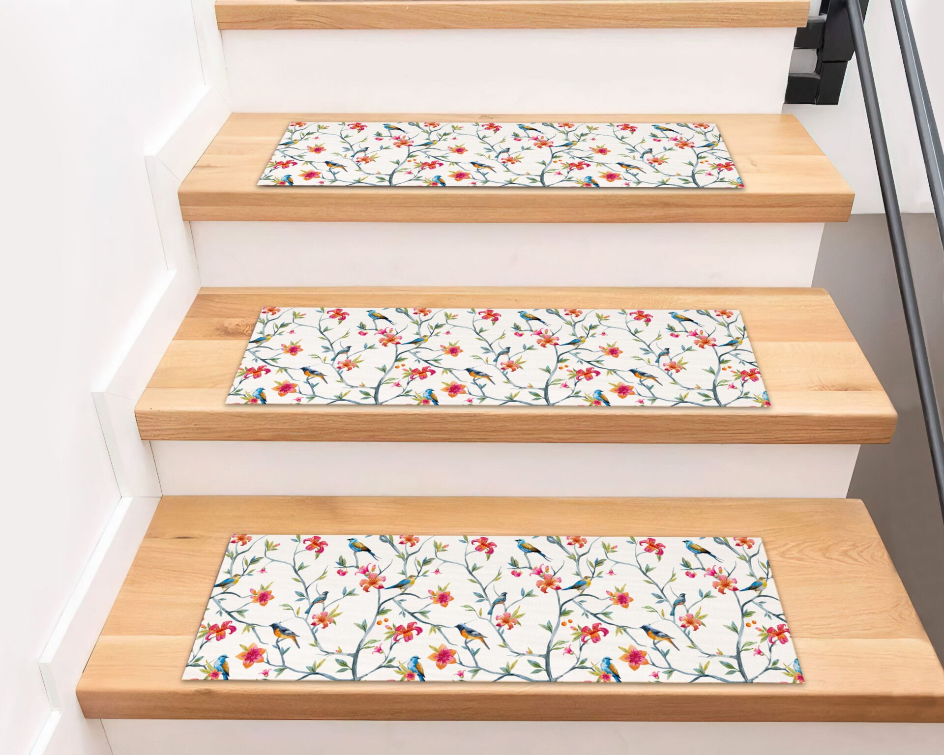 Floral & Bird Pattern Stair Treads – Elegant Nature-Inspired Step Mats for Home