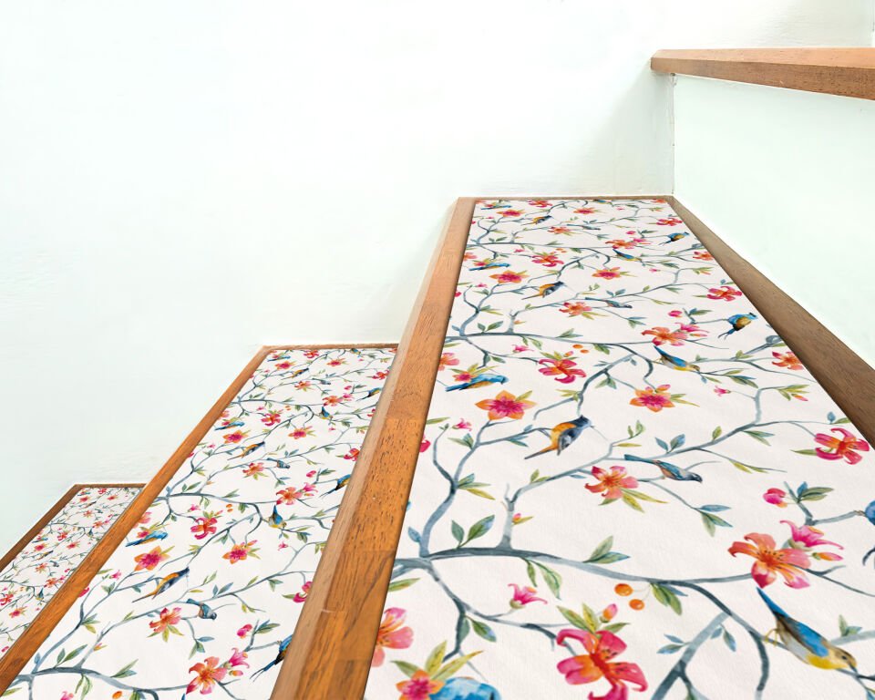 Floral & Bird Pattern Stair Treads – Elegant Nature-Inspired Step Mats for Home